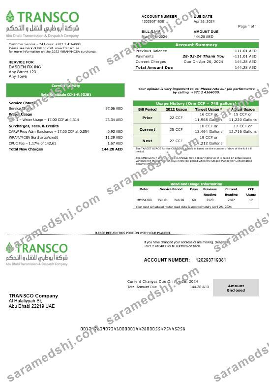 United Arab Emirates Abu Dhabi Distribution electricity business utility bill template in Word and PDF formats